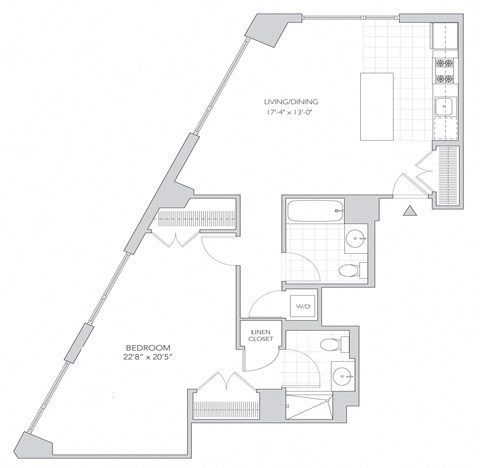 Floor plan for 1 bed, 2 baths, 962 sqft